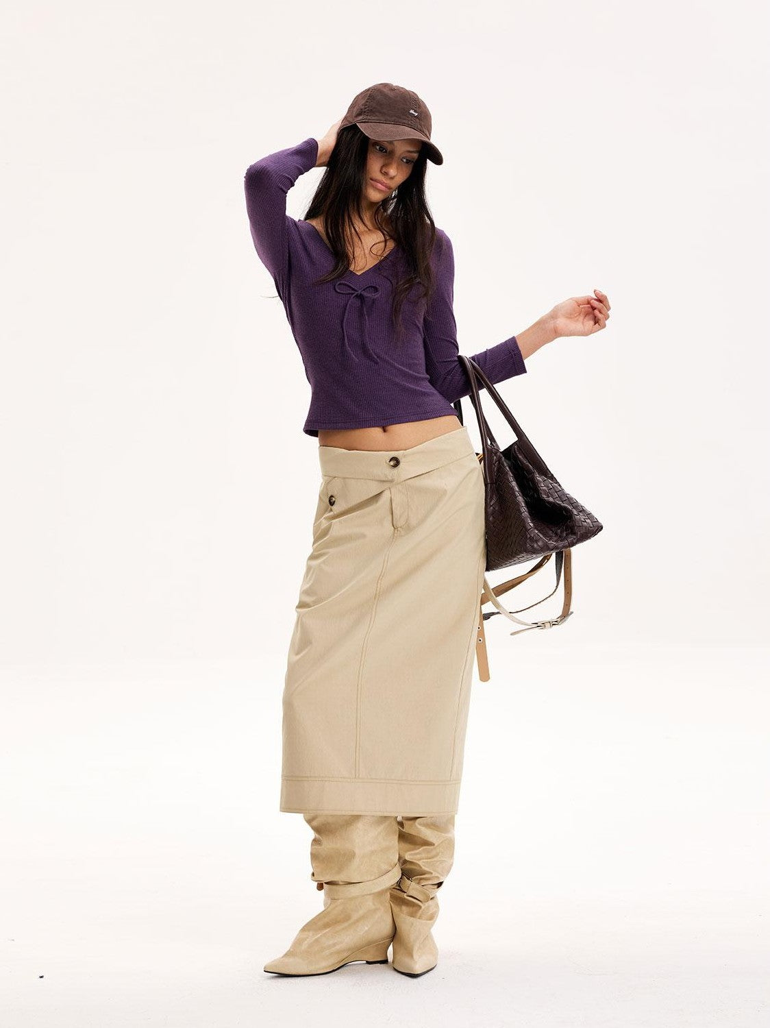 The NeverMore Purple Slim Fit Long Sleeve Knit Cropped Top Straight Midi Women&