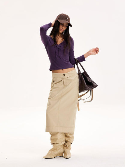The NeverMore Purple Slim Fit Long Sleeve Knit Cropped Top Straight Midi Women&