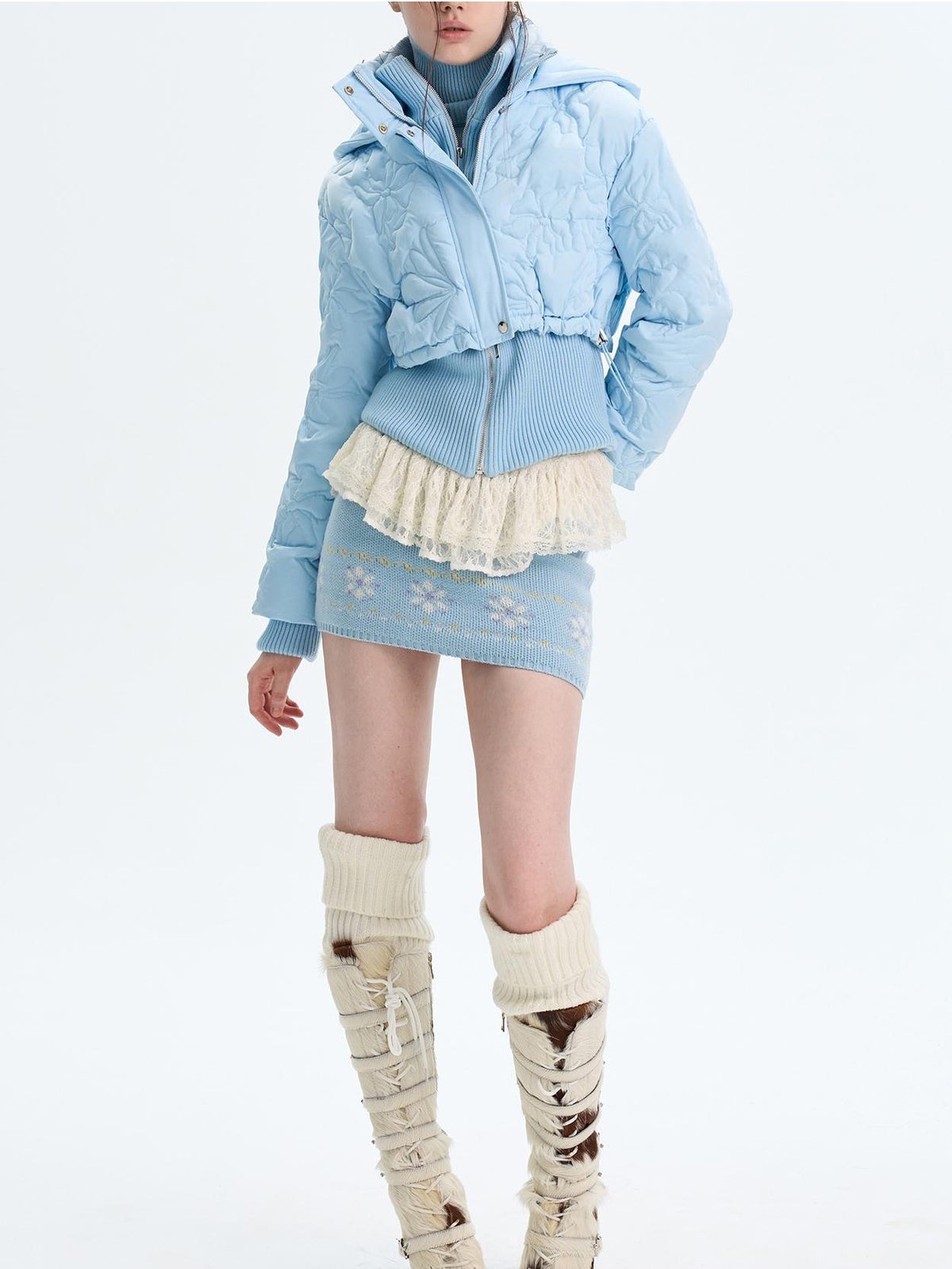 The NeverMore Quilted Embossed Cropped Hooded 90 White Duck Down Women&
