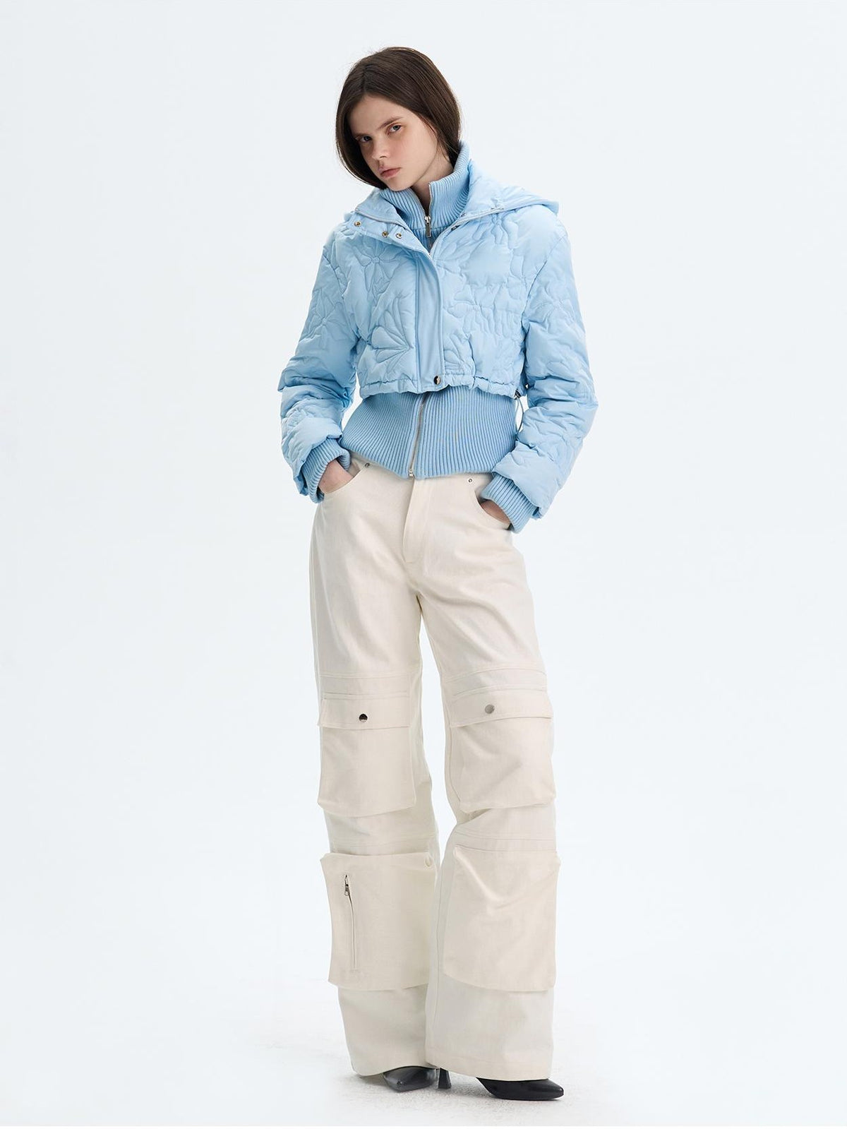 The NeverMore Quilted Embossed Cropped Hooded 90 White Duck Down Women&