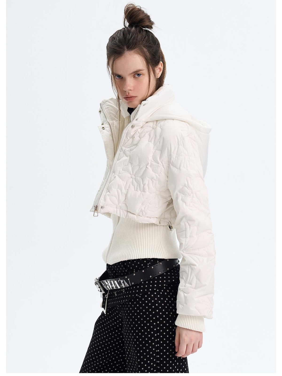 The NeverMore Quilted Embossed Cropped Hooded 90 White Duck Down Women&