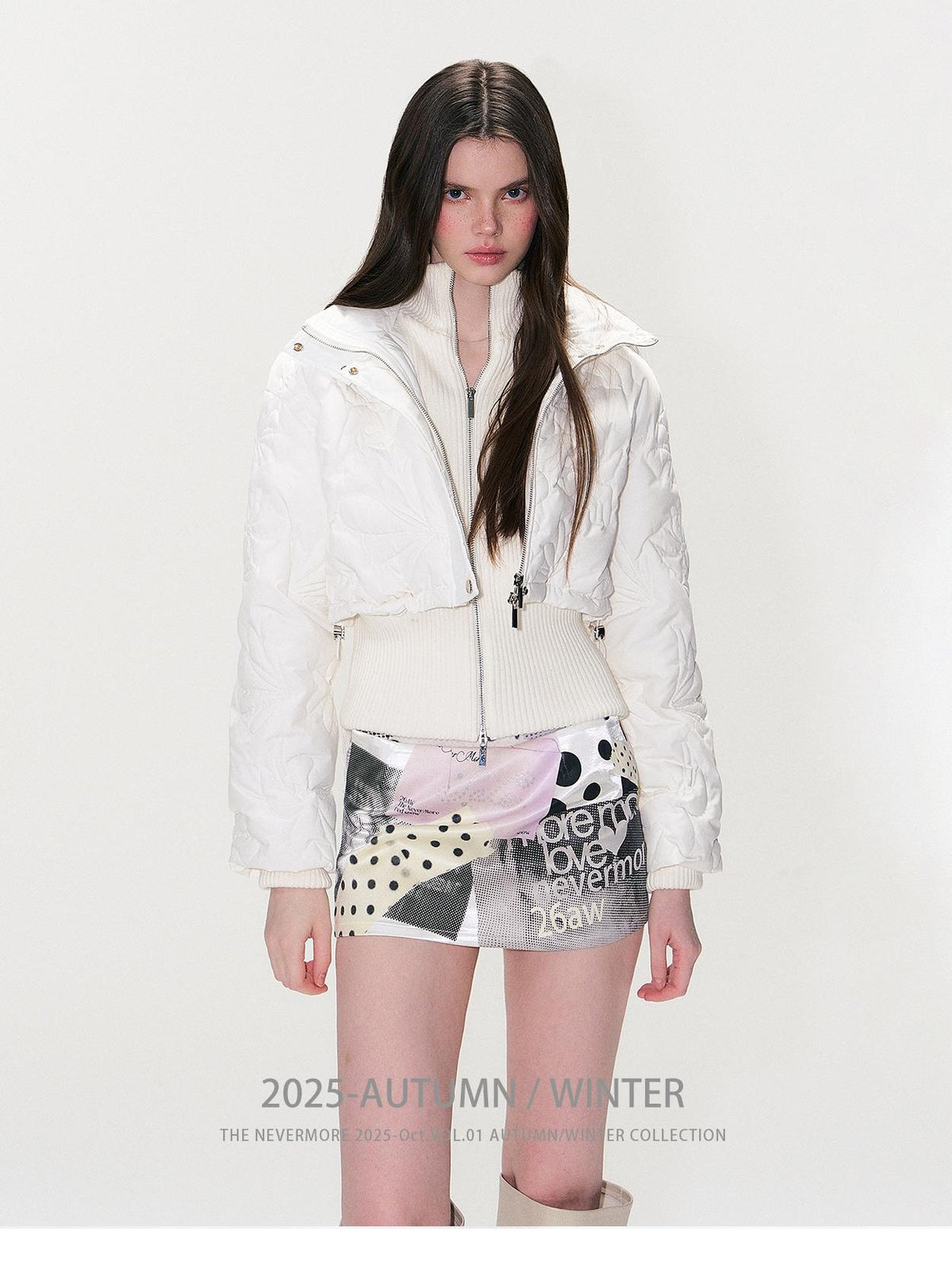 The NeverMore Quilted Embossed Cropped Hooded 90 White Duck Down Women&