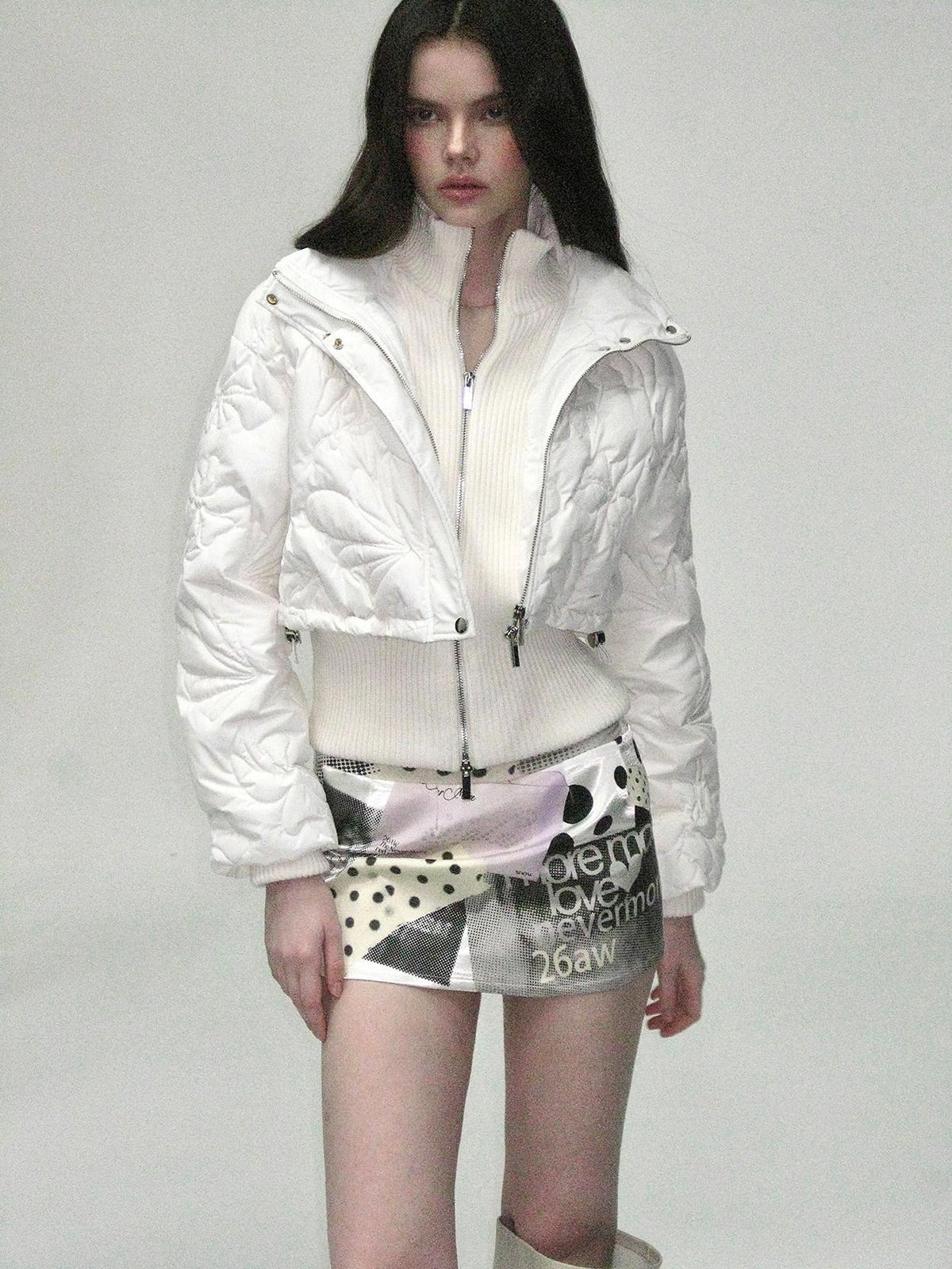 The NeverMore Quilted Embossed Cropped Hooded 90 White Duck Down Women&