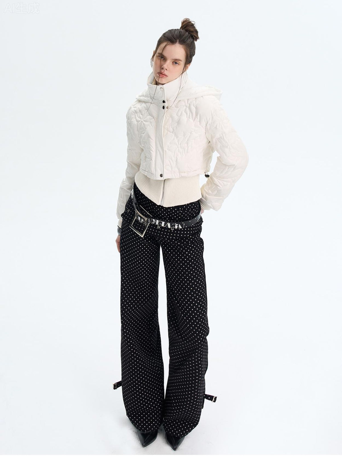 The NeverMore Quilted Embossed Cropped Hooded 90 White Duck Down Women&