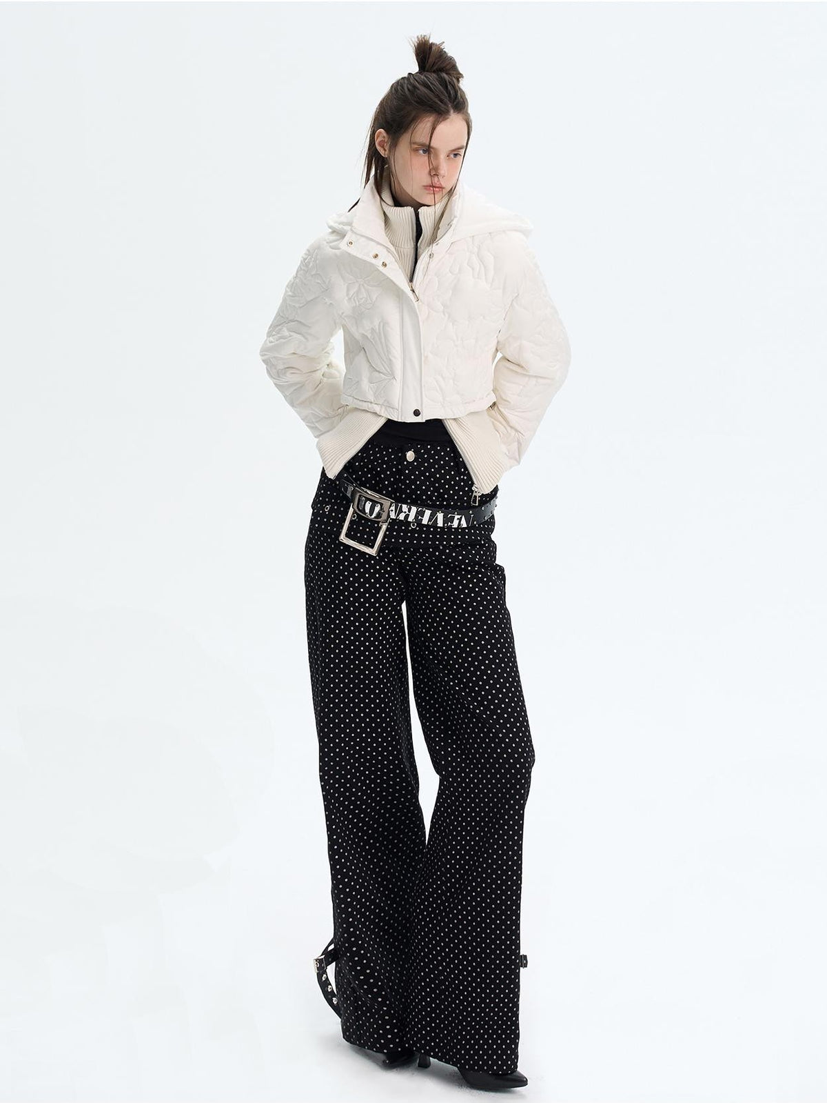 The NeverMore Quilted Embossed Cropped Hooded 90 White Duck Down Women&