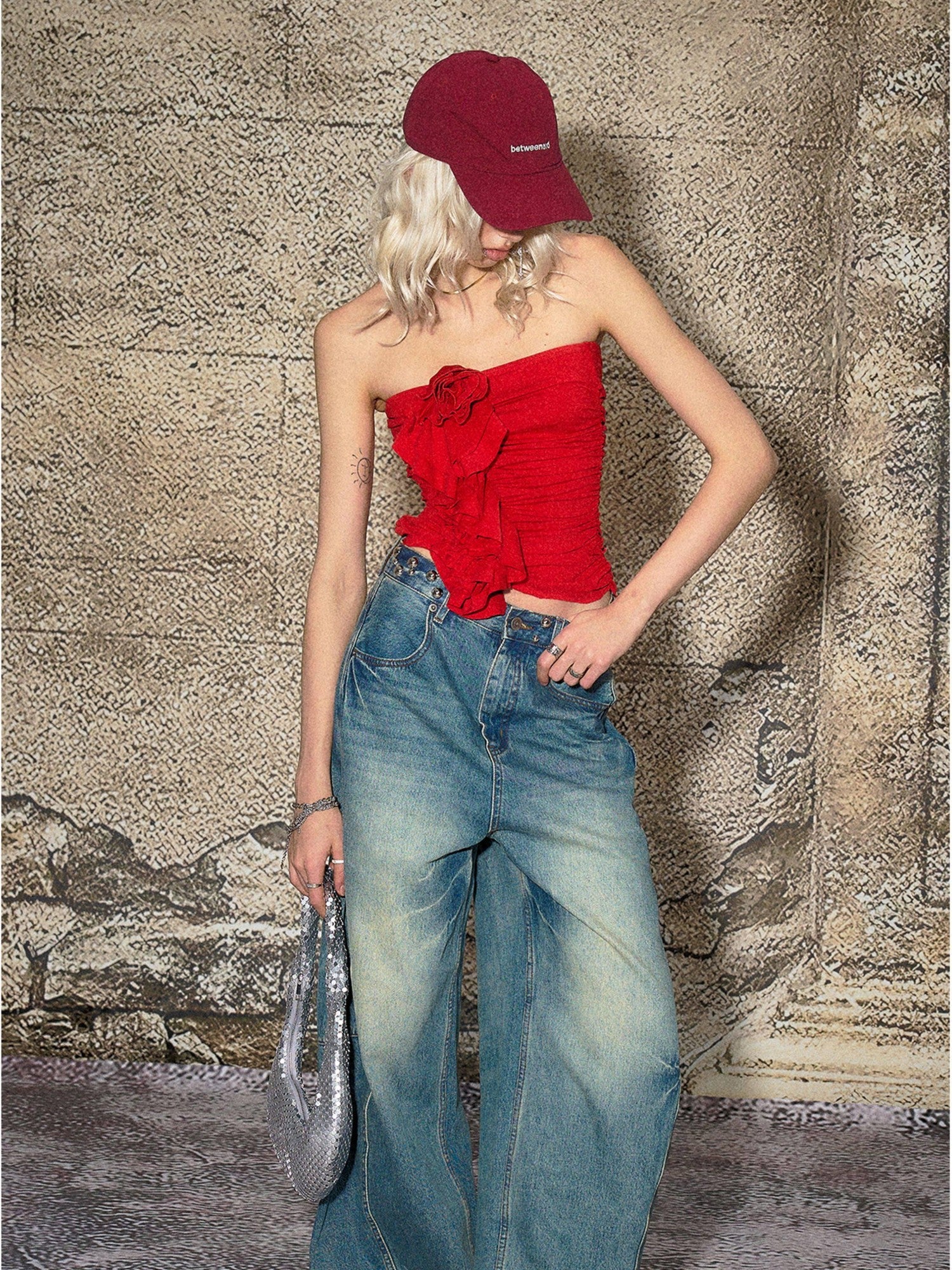 The NeverMore Red 3d Floral Cropped Off Shoulder Women&
