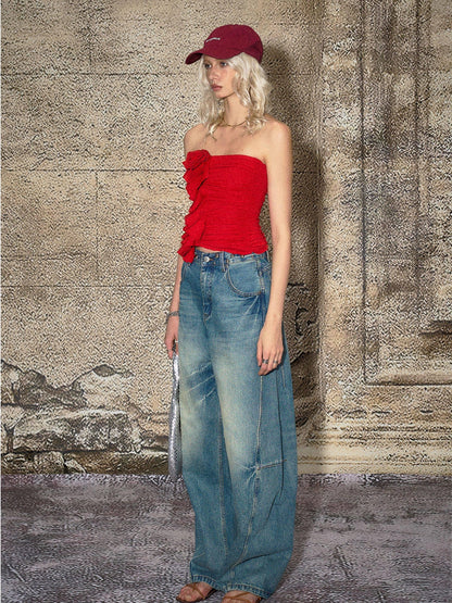 The NeverMore Red 3d Floral Cropped Off Shoulder Women&