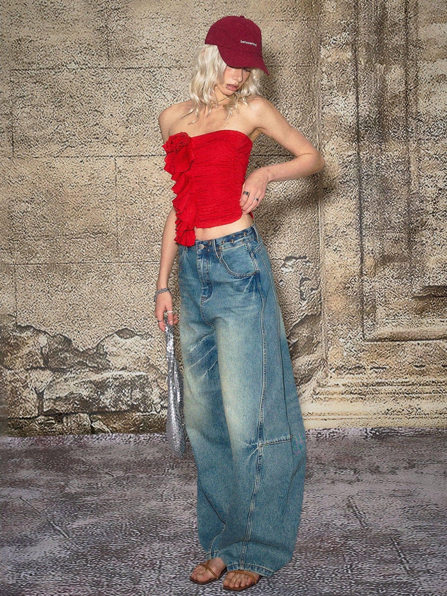 The NeverMore Red 3d Floral Cropped Off Shoulder Women&