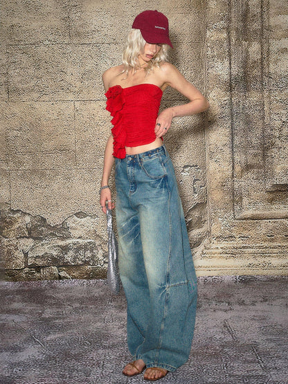 The NeverMore Red 3d Floral Cropped Off Shoulder Women&