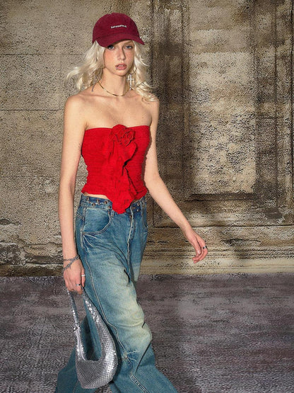 The NeverMore Red 3d Floral Cropped Off Shoulder Women&