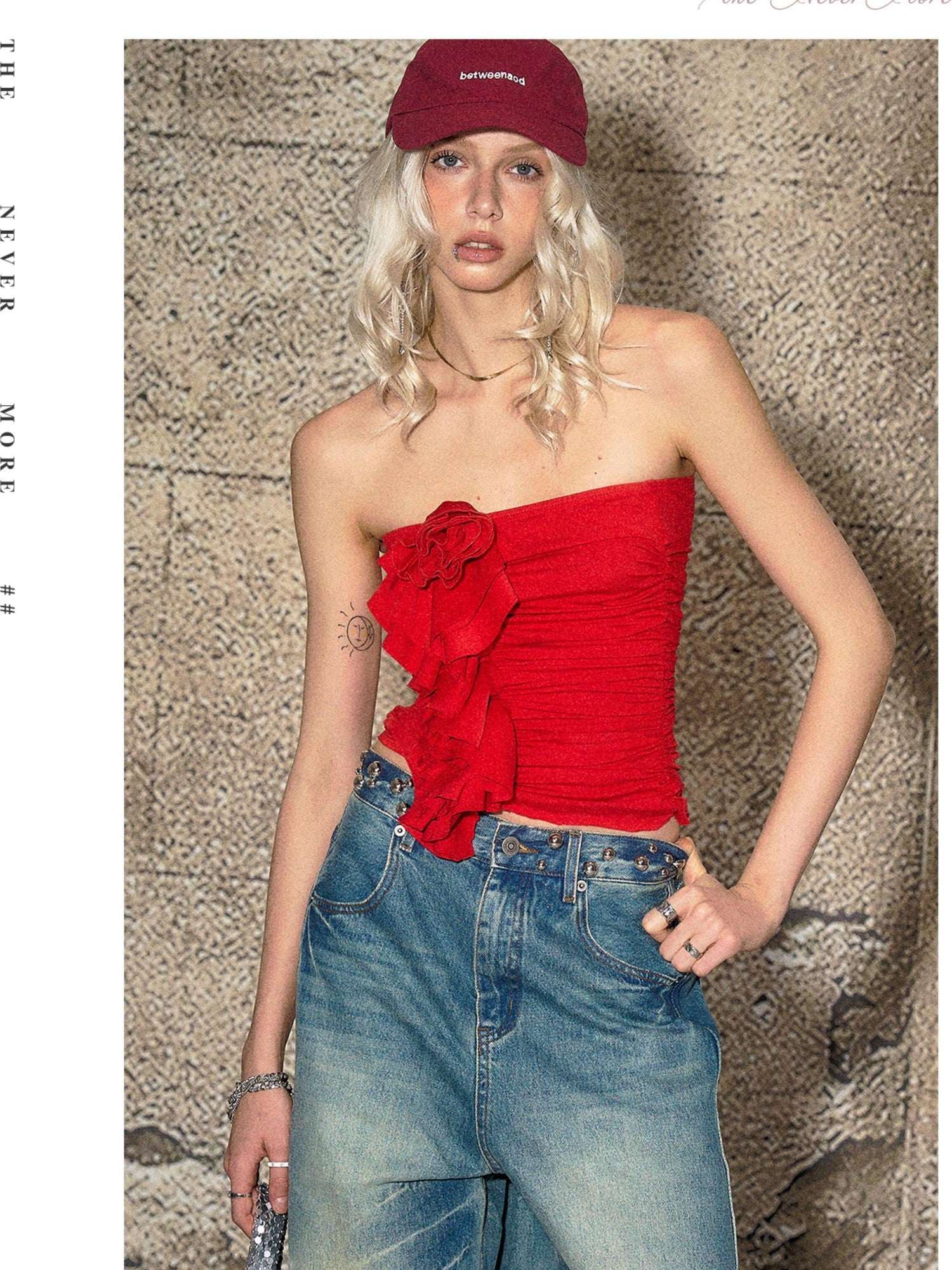 The NeverMore Red 3d Floral Cropped Off Shoulder Women&