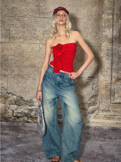 The NeverMore Red 3d Floral Cropped Off Shoulder Women&