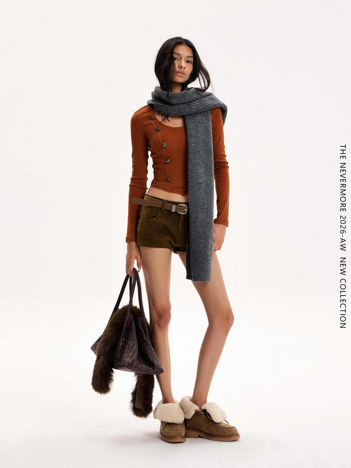 The NeverMore Retro Brown Structured Panel Texture Low Waist Cotton Women&