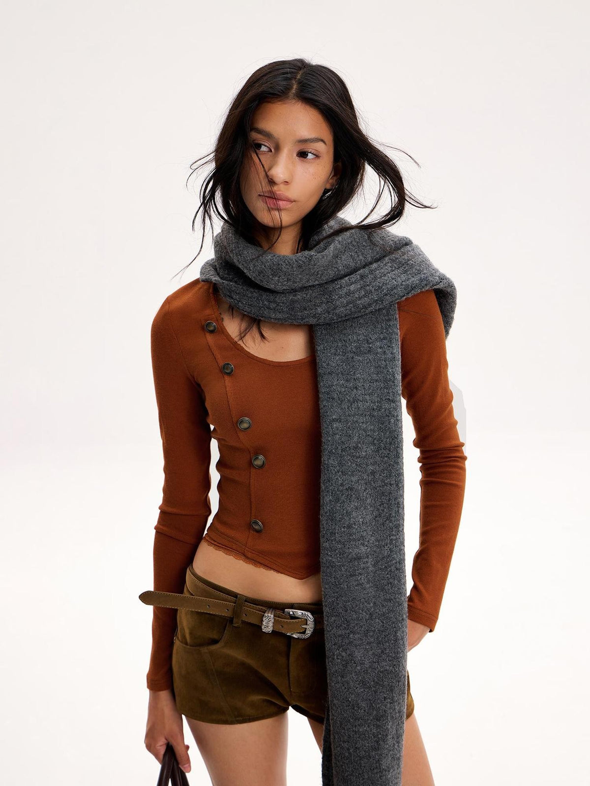 The NeverMore Retro Brown Structured Panel Texture Low Waist Cotton Women&