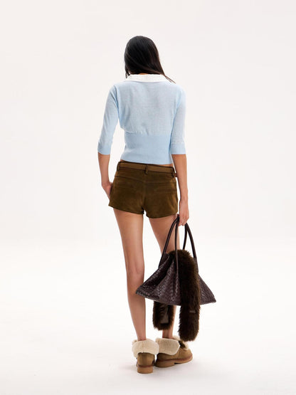 The NeverMore Retro Brown Structured Panel Texture Low Waist Cotton Women&
