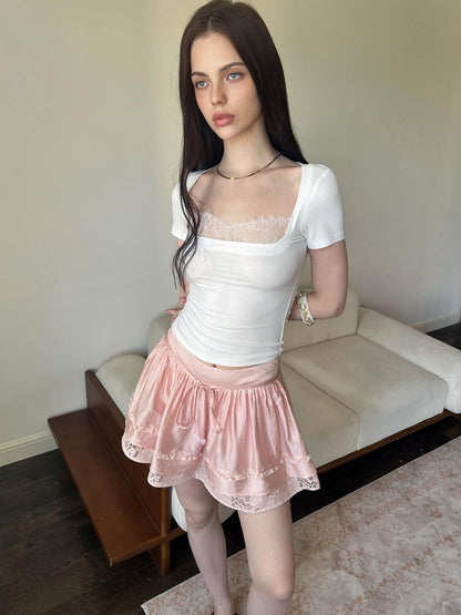 The NeverMore Retro Lace Spliced Short Sleeve Women&