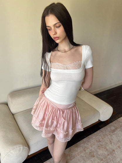 The NeverMore Retro Lace Spliced Short Sleeve Women&