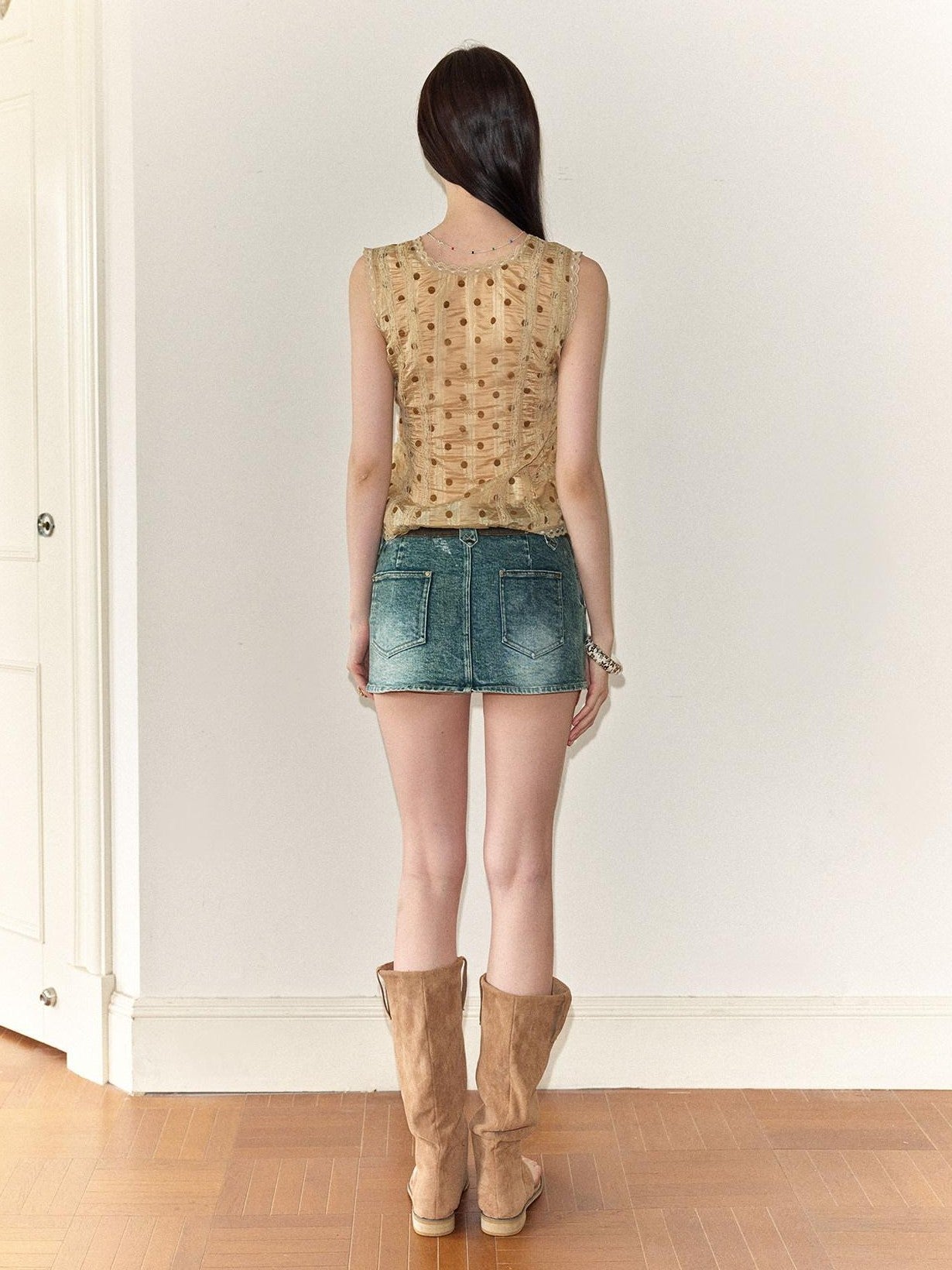 The NeverMore Retro Polka Dot Reversible Slim Fit Short Round Neck Women&