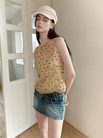 The NeverMore Retro Polka Dot Reversible Slim Fit Short Round Neck Women&