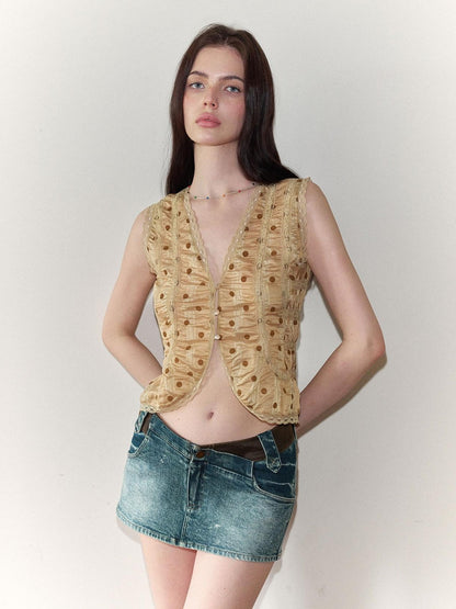 The NeverMore Retro Polka Dot Reversible Slim Fit Short Round Neck Women&