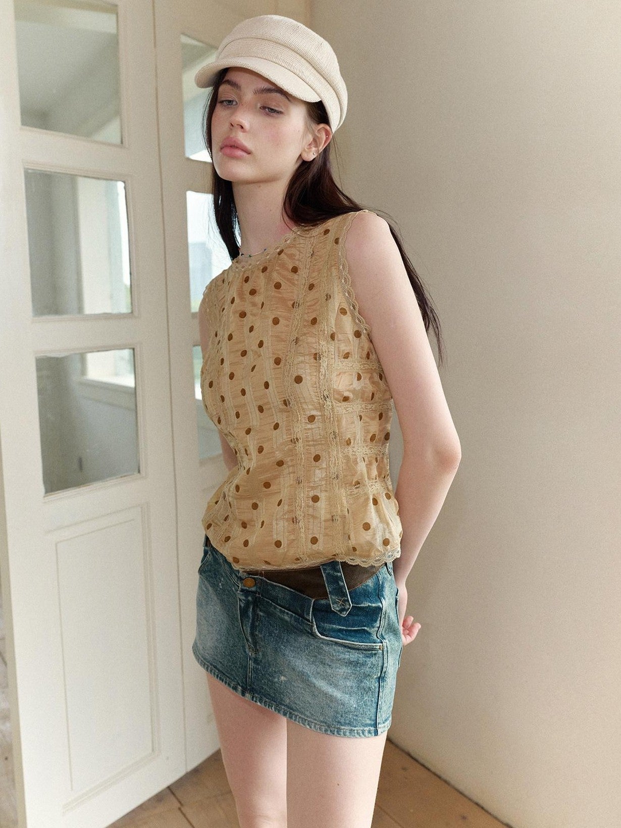 The NeverMore Retro Polka Dot Reversible Slim Fit Short Round Neck Women&