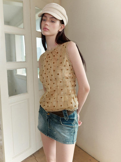The NeverMore Retro Polka Dot Reversible Slim Fit Short Round Neck Women&