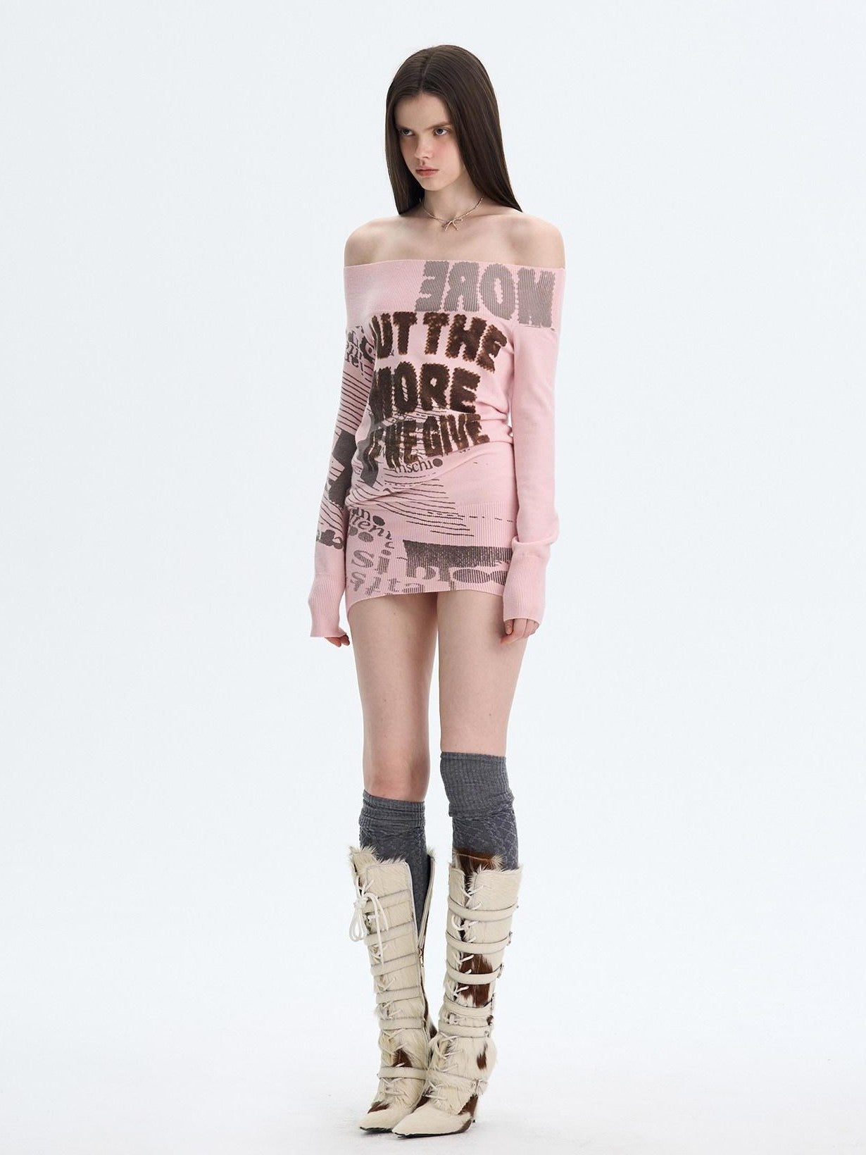 The NeverMore Retro Printed Knit Bodycon One Shoulder Women&