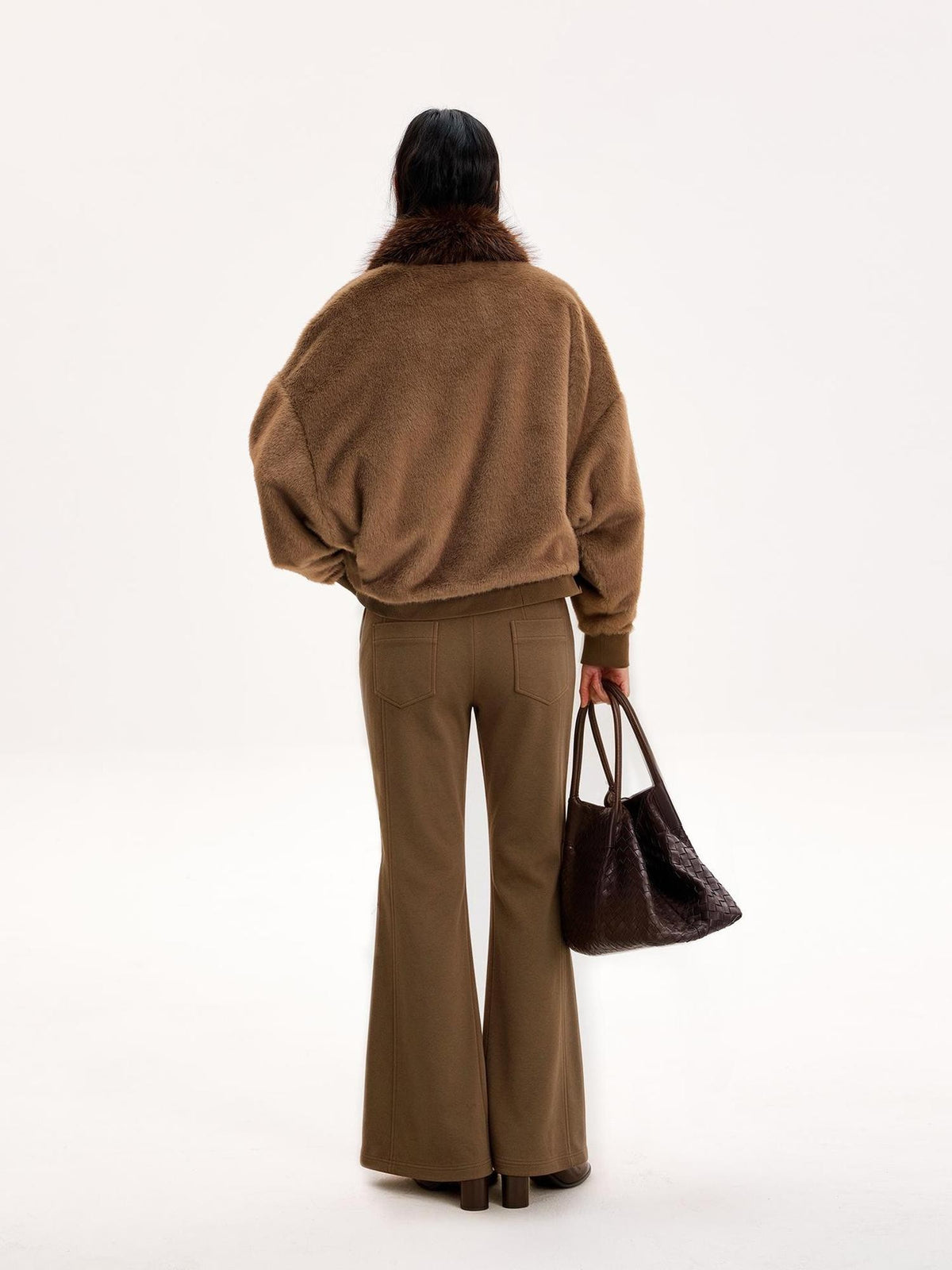 The NeverMore Reversible Faux Fur Trim Cropped Cardigan High Waist Flared Pants Women&