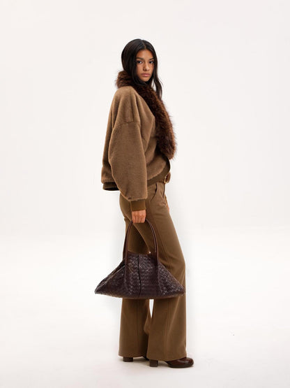 The NeverMore Reversible Faux Fur Trim Cropped Cardigan High Waist Flared Pants Women&