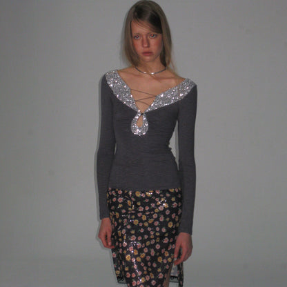 The NeverMore Sequin V-neck Slim Tie Front Sexy Rayon Champagne Long Sleeve T-Shirts