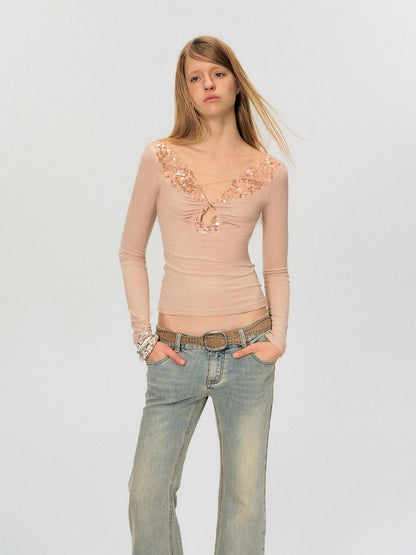 The NeverMore Sequin V-neck Slim Tie Front Sexy Rayon Champagne Long Sleeve T-Shirts