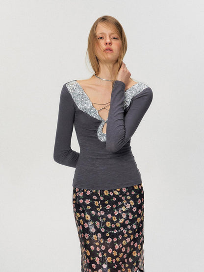 The NeverMore Sequin V-neck Slim Tie Front Sexy Rayon Champagne Long Sleeve T-Shirts