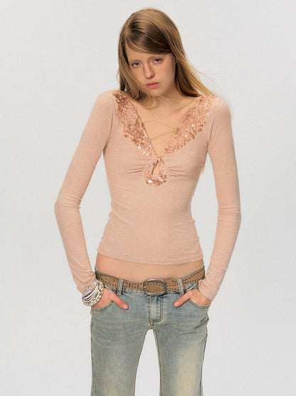 The NeverMore Sequin V-neck Slim Tie Front Sexy Rayon Champagne Long Sleeve T-Shirts