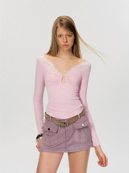 The NeverMore Sequin V-neck Slim Tie Front Sexy Rayon Champagne Long Sleeve T-Shirts