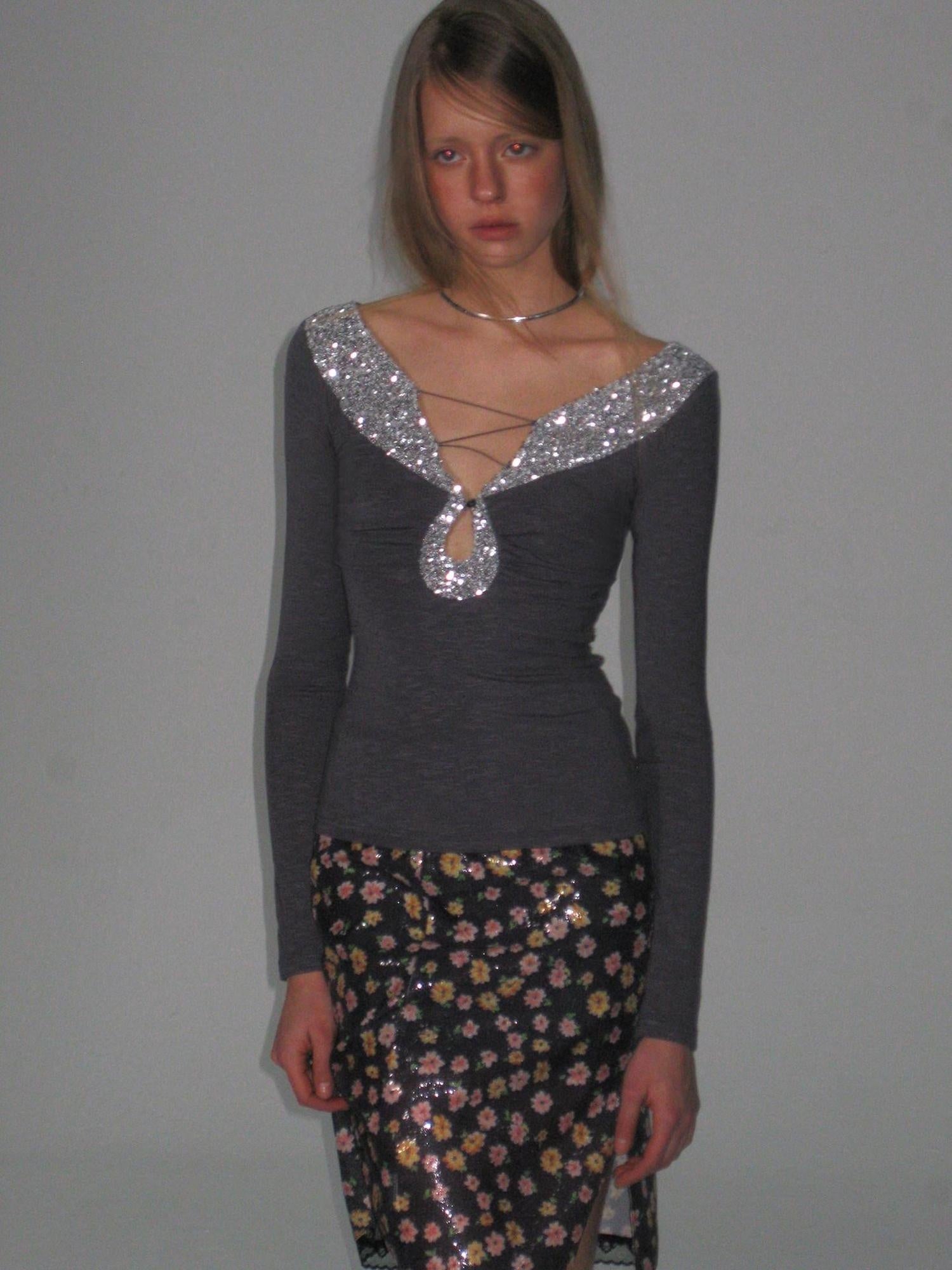 The NeverMore Sequin V-neck Slim Tie Front Sexy Rayon Champagne Long Sleeve T-Shirts