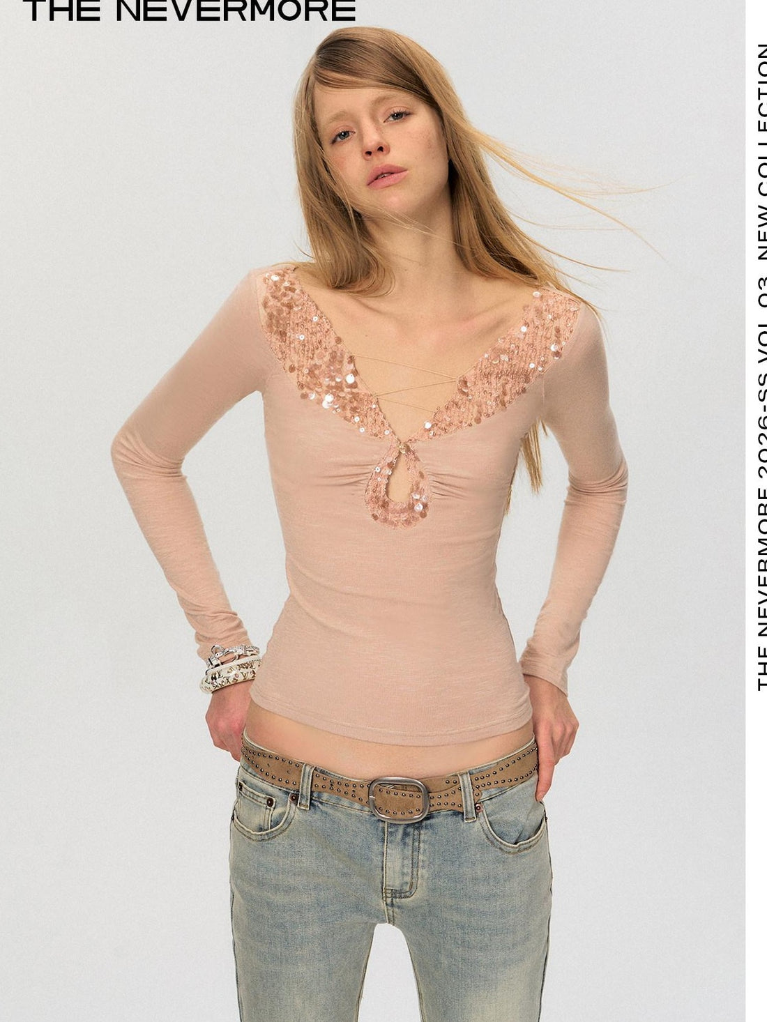 The NeverMore Sequin V-neck Slim Tie Front Sexy Rayon Champagne Long Sleeve T-Shirts