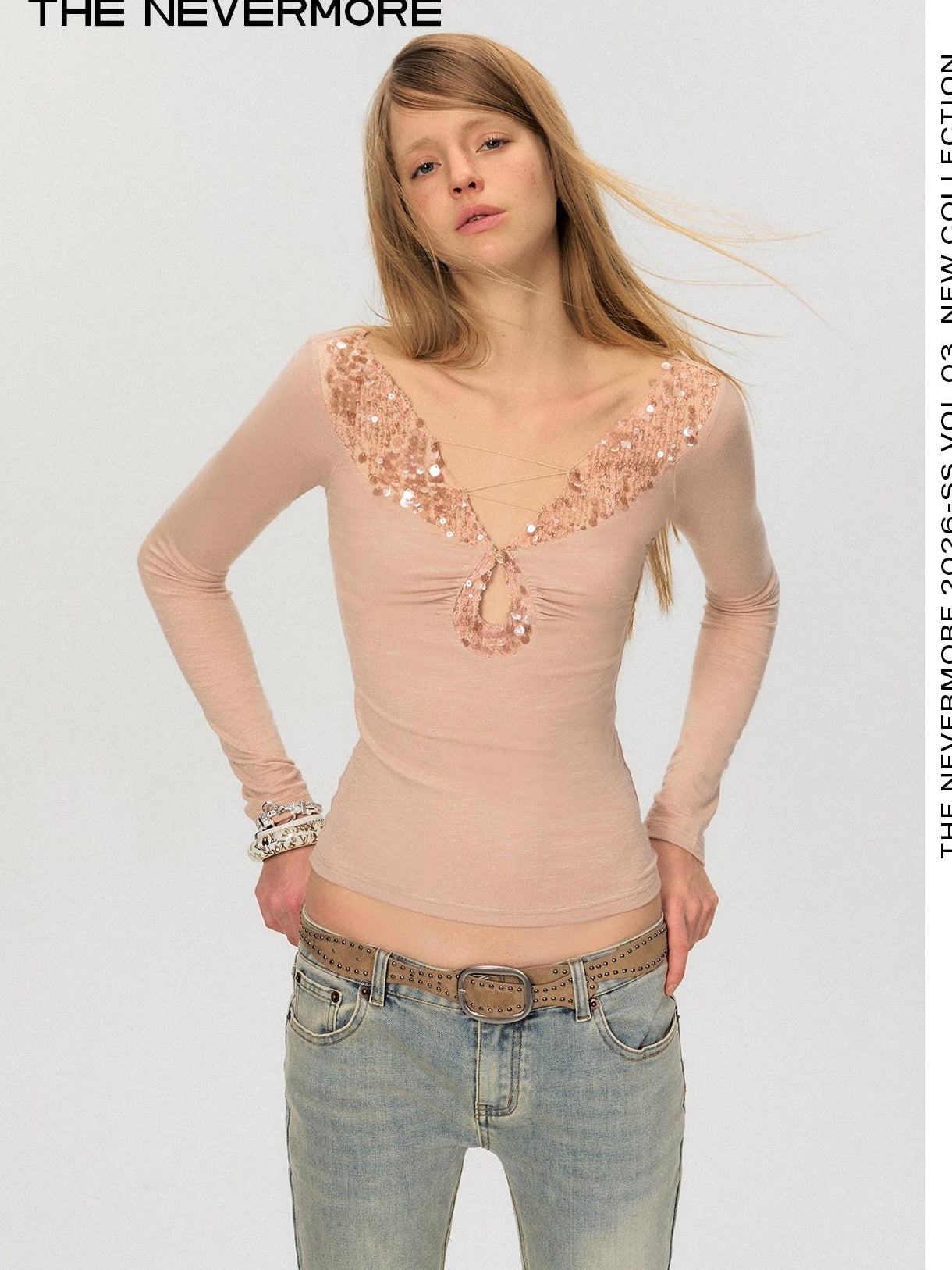 The NeverMore Sequin V-neck Slim Tie Front Sexy Rayon Champagne Long Sleeve T-Shirts