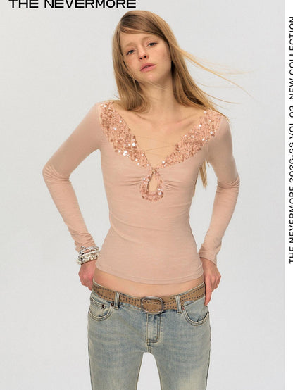 The NeverMore Sequin V-neck Slim Tie Front Sexy Rayon Champagne Long Sleeve T-Shirts