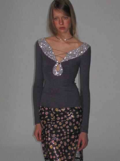 The NeverMore Sequin V-neck Slim Tie Front Sexy Rayon Champagne Long Sleeve T-Shirts