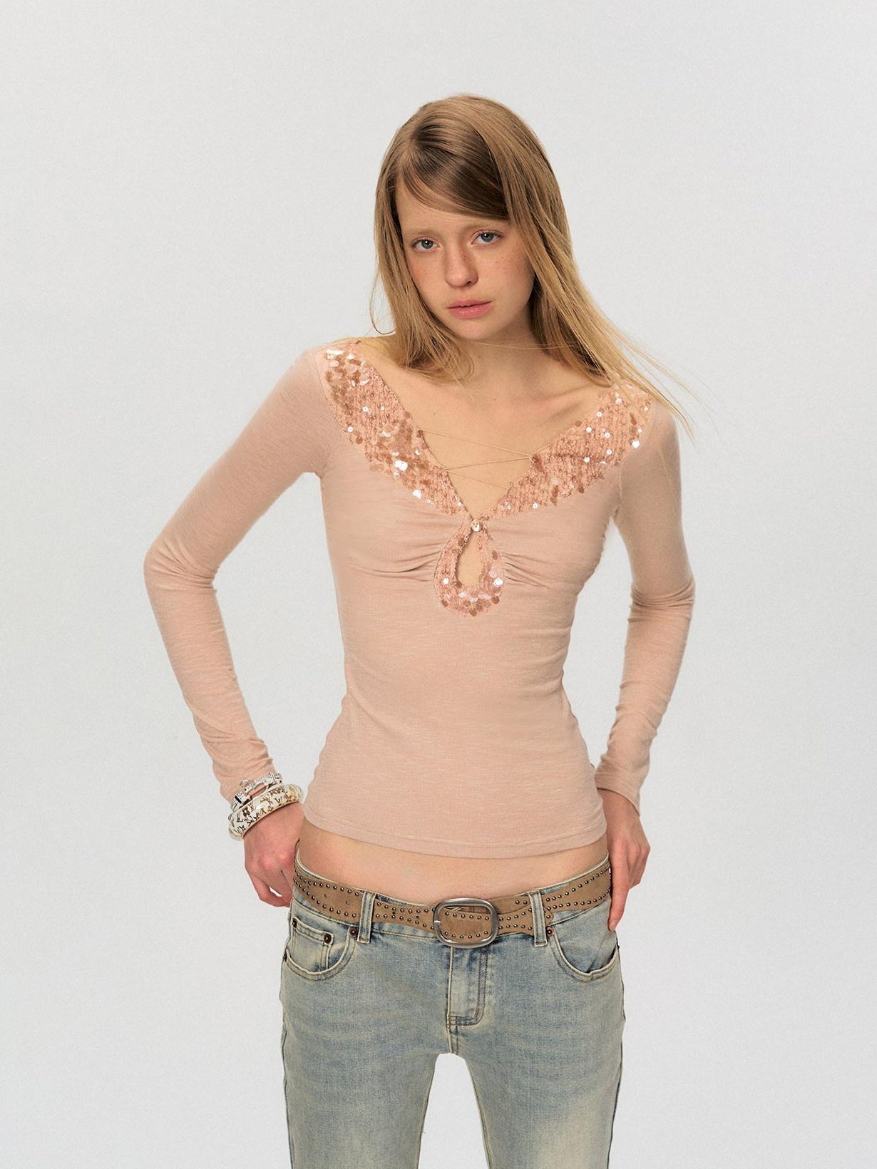 The NeverMore Sequin V-neck Slim Tie Front Sexy Rayon Champagne Long Sleeve T-Shirts