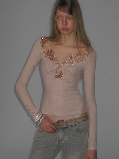 The NeverMore Sequin V-neck Slim Tie Front Sexy Rayon Champagne Long Sleeve T-Shirts
