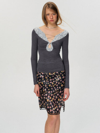The NeverMore Sequin V-neck Slim Tie Front Sexy Rayon Champagne Long Sleeve T-Shirts