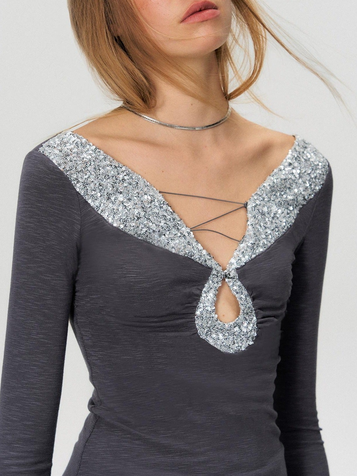 The NeverMore Sequin V-neck Slim Tie Front Sexy Rayon Champagne Long Sleeve T-Shirts