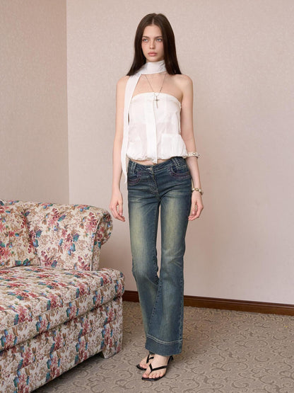 The NeverMore Sheer Utility Zipper Cropped Ribbon Vintage Slim Fit Women&