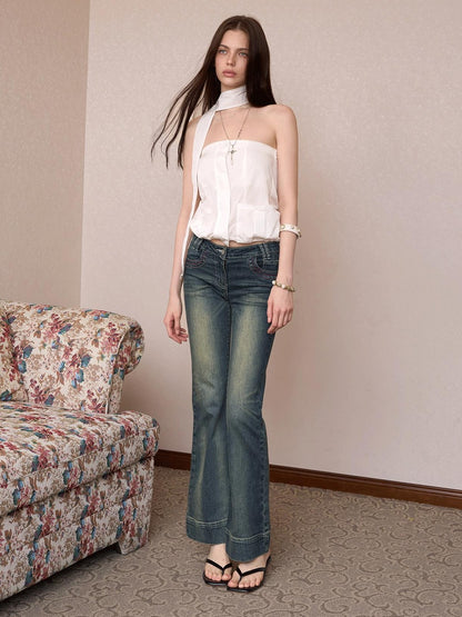 The NeverMore Sheer Utility Zipper Cropped Ribbon Vintage Slim Fit Women&