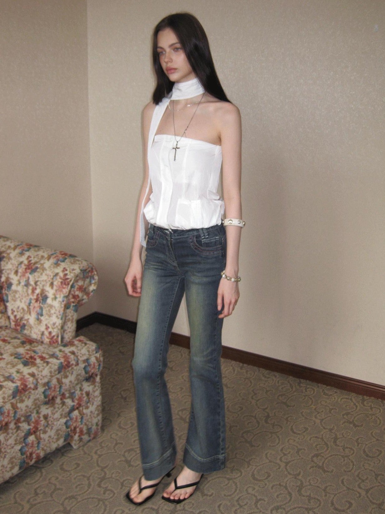 The NeverMore Sheer Utility Zipper Cropped Ribbon Vintage Slim Fit Women&