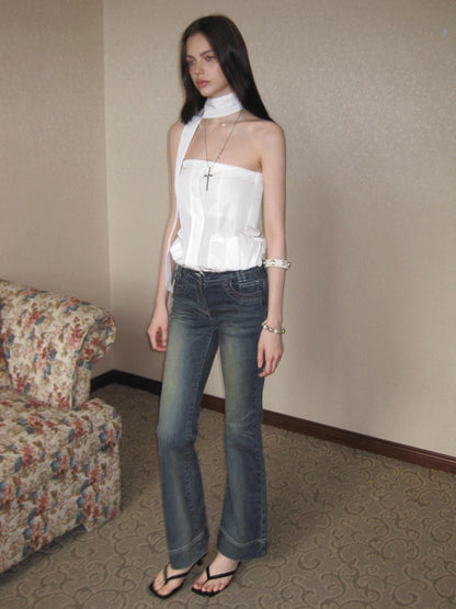 The NeverMore Sheer Utility Zipper Cropped Ribbon Vintage Slim Fit Women&