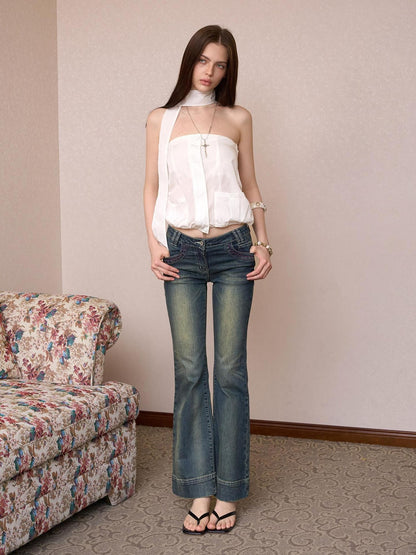 The NeverMore Sheer Utility Zipper Cropped Ribbon Vintage Slim Fit Women&