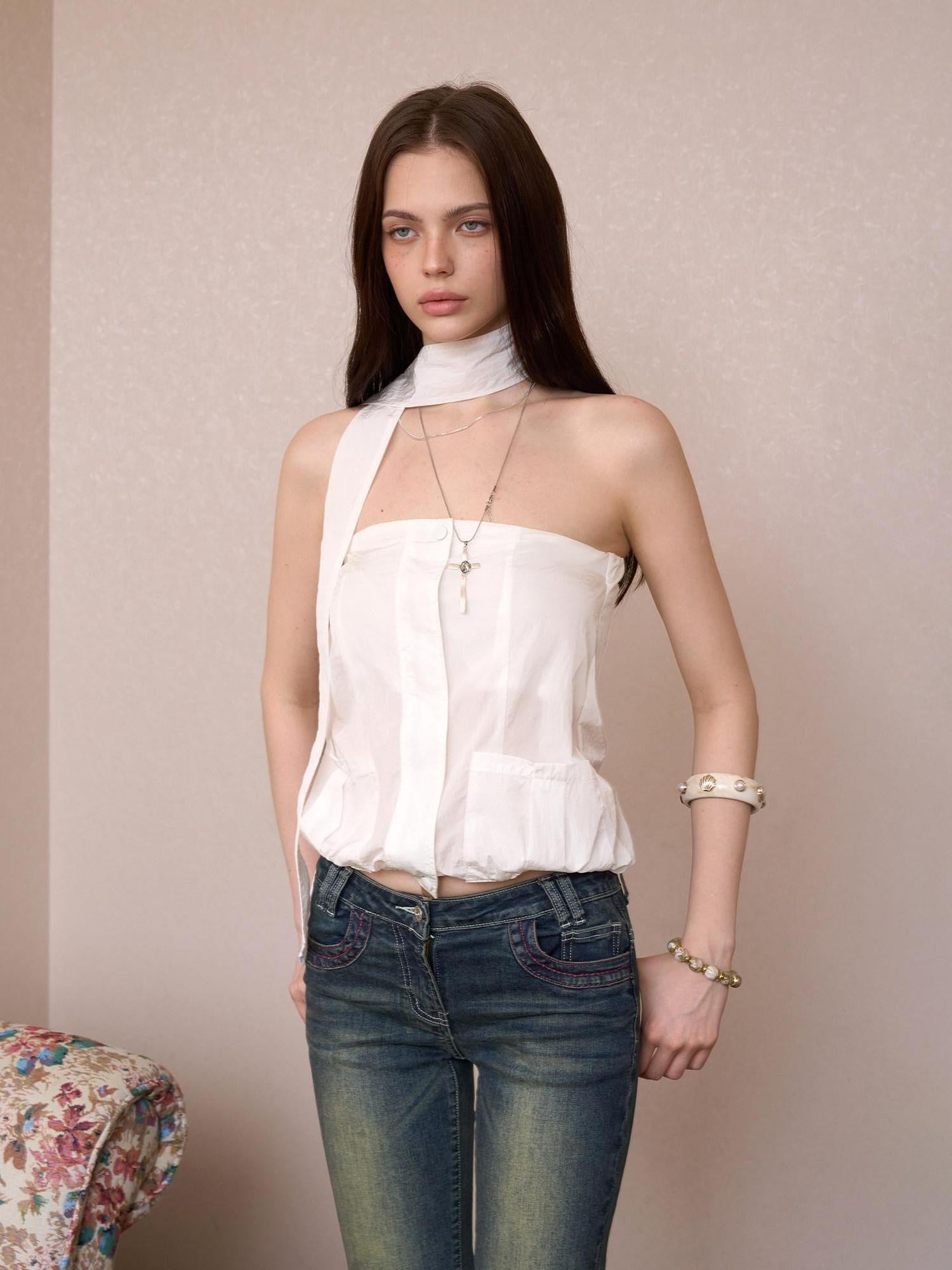 The NeverMore Sheer Utility Zipper Cropped Ribbon Vintage Slim Fit Women&