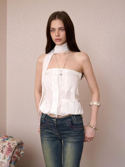 The NeverMore Sheer Utility Zipper Cropped Ribbon Vintage Slim Fit Women&